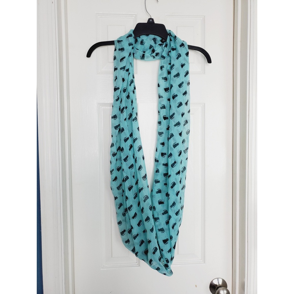 Teal Blue Cat Print Infinity Scarf Festival Whimsical‎ Gauze Quirky